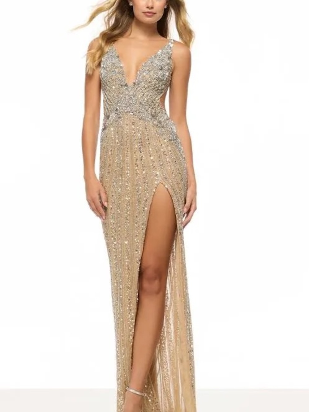 Sherri Hill Gold Beaded Plunging V-Neck Gown with High Slit